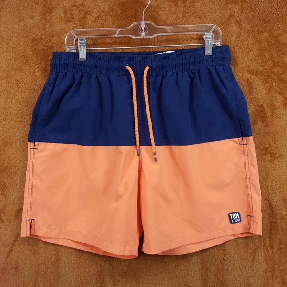 TOM & TEDDY Swim Trunks Mens Large Navy Blue Orange Colorblock Shorts $100